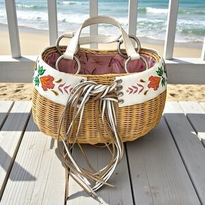 Vintage Wicker Basket Embroidered Tote  Hand Bag